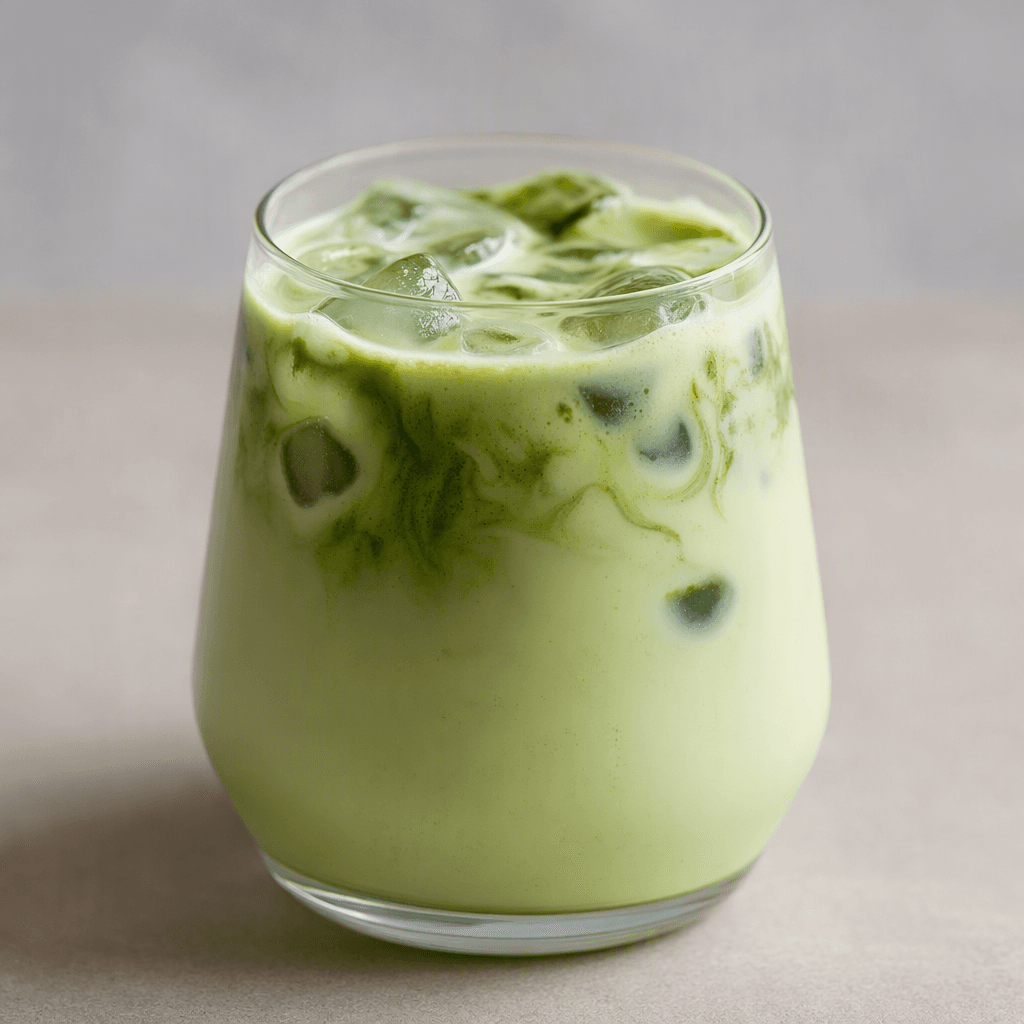 A pale creamy-green iced matcha latte fills a clear glass, with visible ice cubes and darker green matcha swirls near the top.
