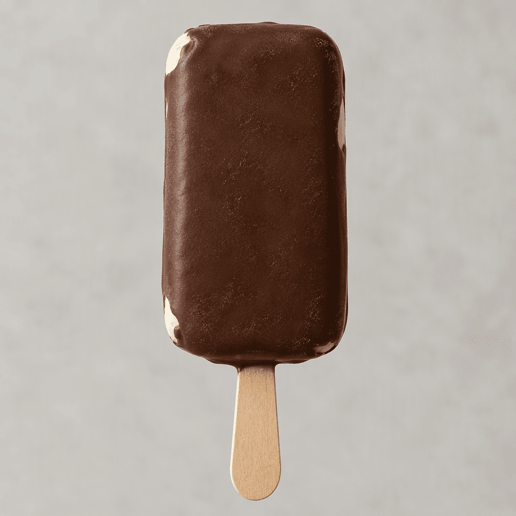 A rectangular ice cream bar on a wooden stick, coated in a smooth, dark chocolate shell with a few pale patches visible at the edges.