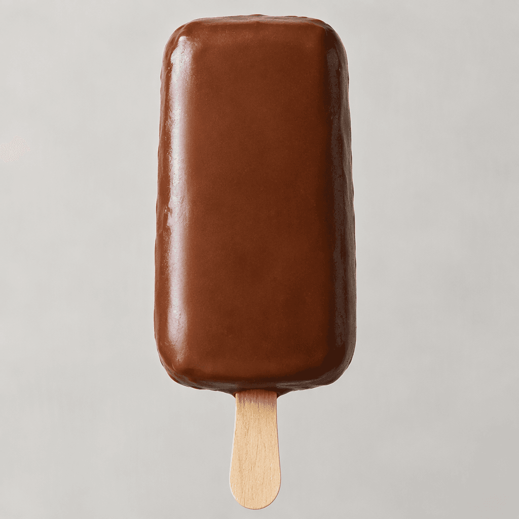A rectangular bar of pale vanilla ice cream is covered in a smooth, glossy brown chocolate shell and held on a wooden stick.