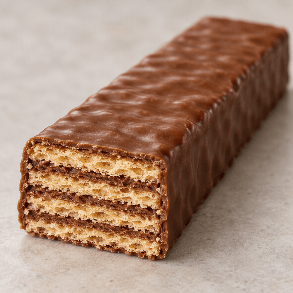 A long rectangular wafer bar coated in smooth medium-brown chocolate, with crisp pale-golden wafer layers and thin darker filling visible at the cut end.