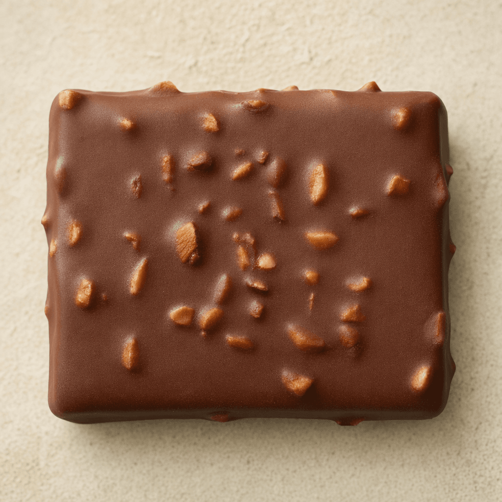 A rectangular chocolate bar with a smooth brown coating and visible pieces of almond embedded across its surface.