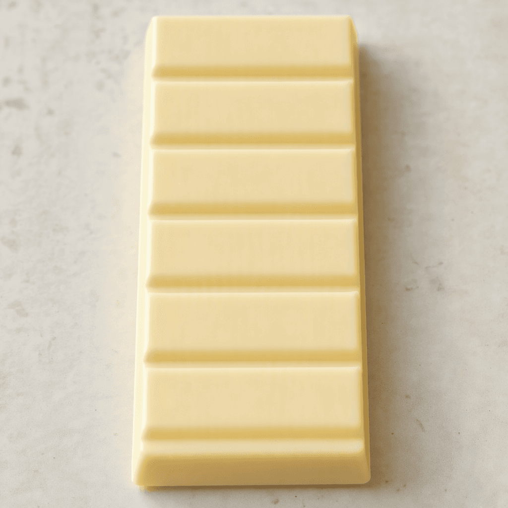 A long, rectangular ivory-white chocolate bar with a smooth, slightly glossy surface and shallow grooves dividing it into sections.
