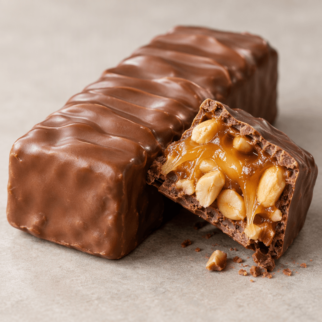 A thick, rectangular milk-chocolate-coated bar with a ridged top, shown whole beside a broken piece that reveals a chewy caramel layer studded with peanuts.