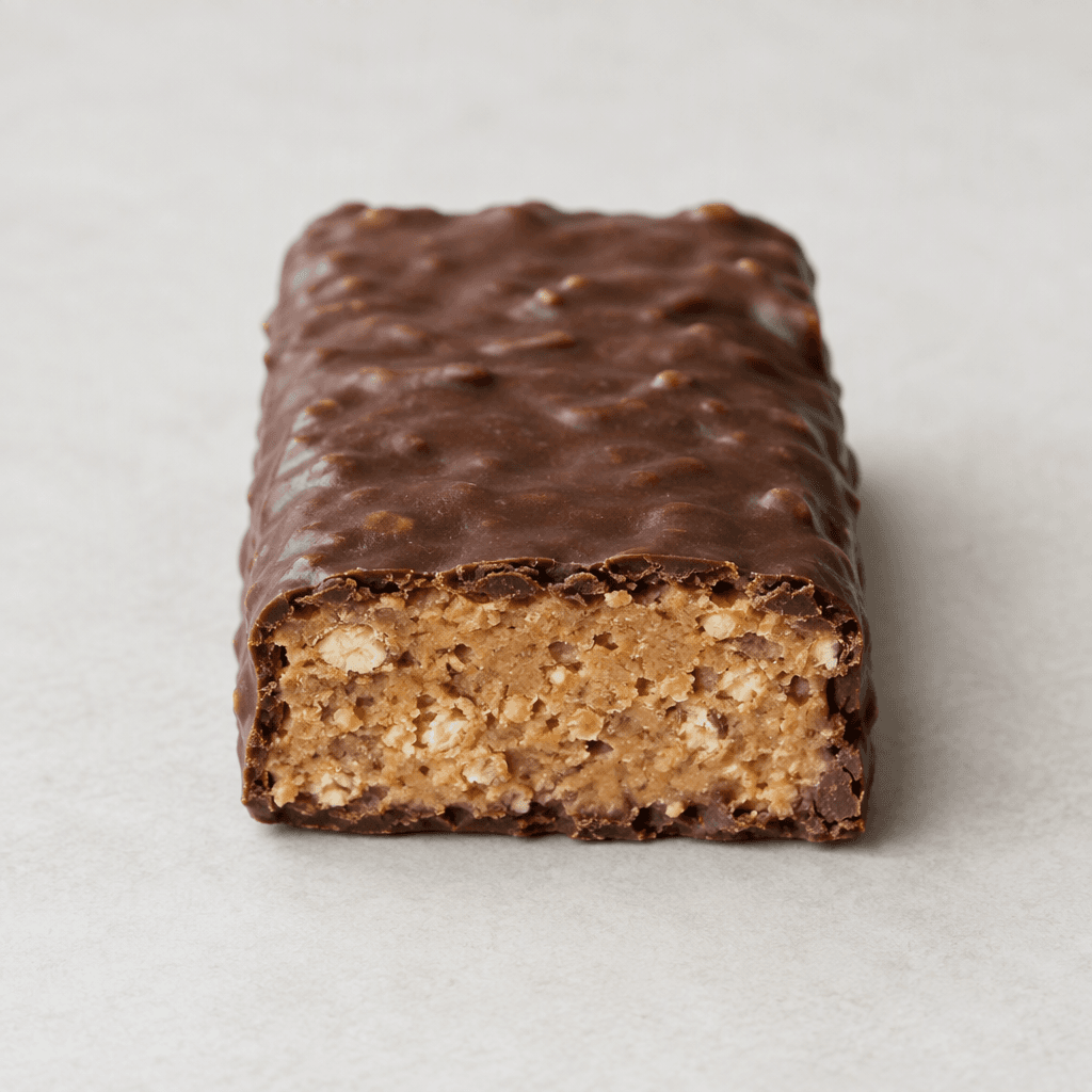 A compact rectangular bar with a dark brown chocolate coating and a slightly textured surface, with a dense, pale-brown filling and small crunchy pieces visible where it is cut.