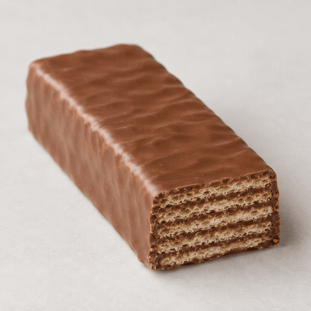 A rectangular wafer bar coated in smooth milk chocolate, with crisp, thin wafer layers visible along one edge.