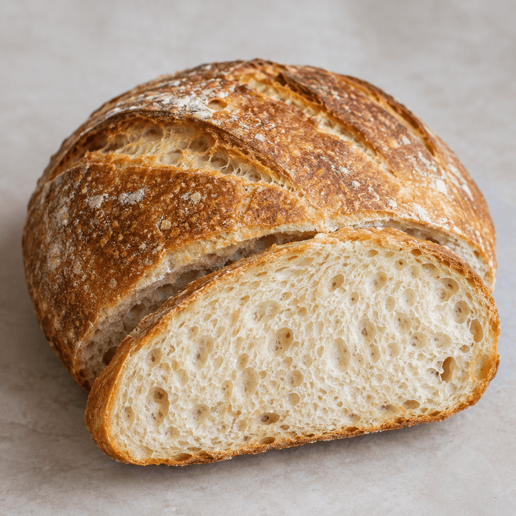 A rustic yeast-raised loaf with a rounded or elongated shape, a golden-brown crust scored with shallow cuts, and a soft, airy cream-colored crumb visible in a sliced section.