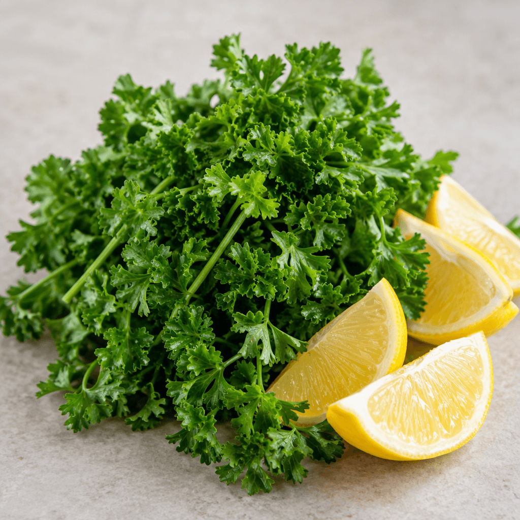 A loose mound of fresh bright-green parsley with crinkled leaves and thin stems, served with several glossy yellow lemon wedges beside it.