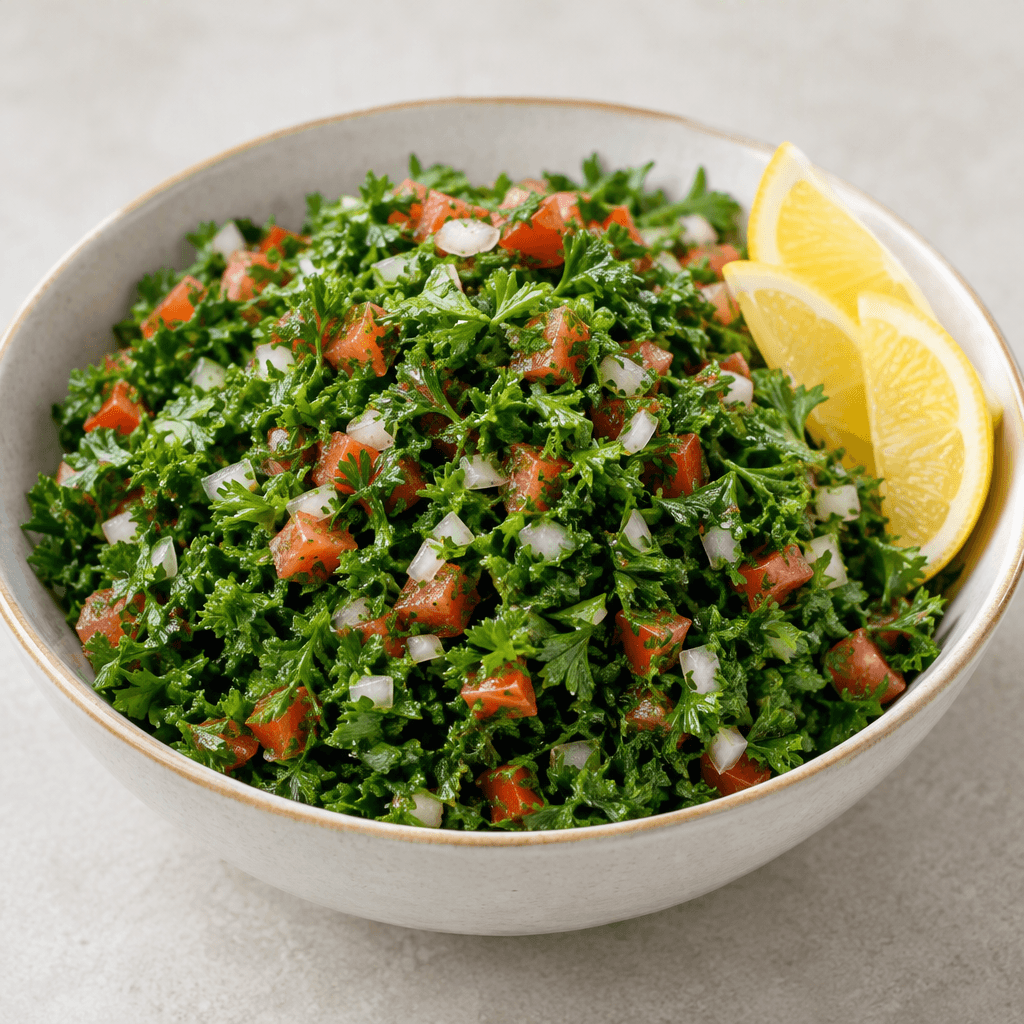 A shallow serving bowl is filled with finely chopped bright-green parsley, dotted with small red tomato pieces and pale onion, with a few lemon wedges arranged at the side.
