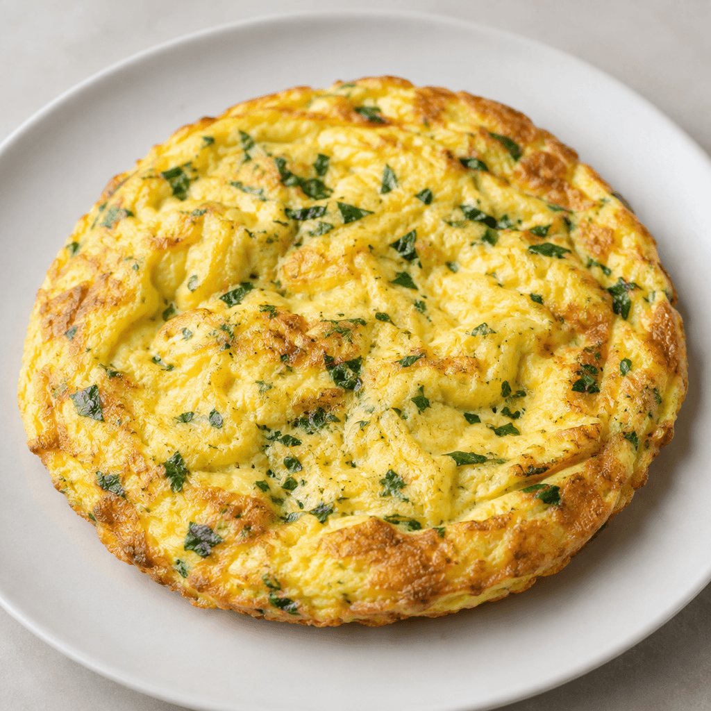 Yeşil maydanoz parçacıkları serpiştirilmiş, altın sarısı yüzeyli, yumuşakça katlanmış yuvarlak bir omlet; kenarları hafifçe kızarmış ve sade bir tabakta servis edilmiş.