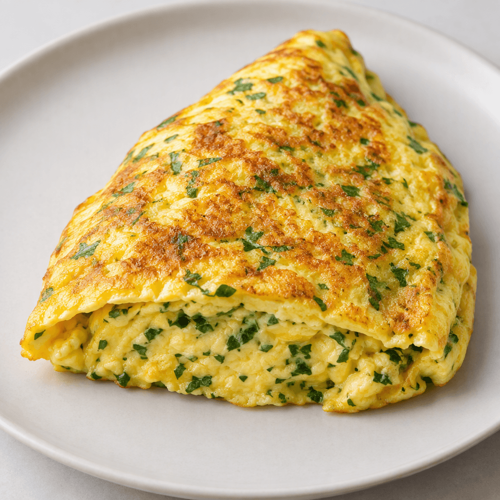 İçine ince kıyılmış canlı yeşil maydanoz serpiştirilmiş, yüzeyi hafifçe kızarmış kalın ve ikiye katlanmış altın sarısı omlet, kesik kenarında yumuşak iç dokusu görünecek şekilde sade bir tabakta servis edilir.