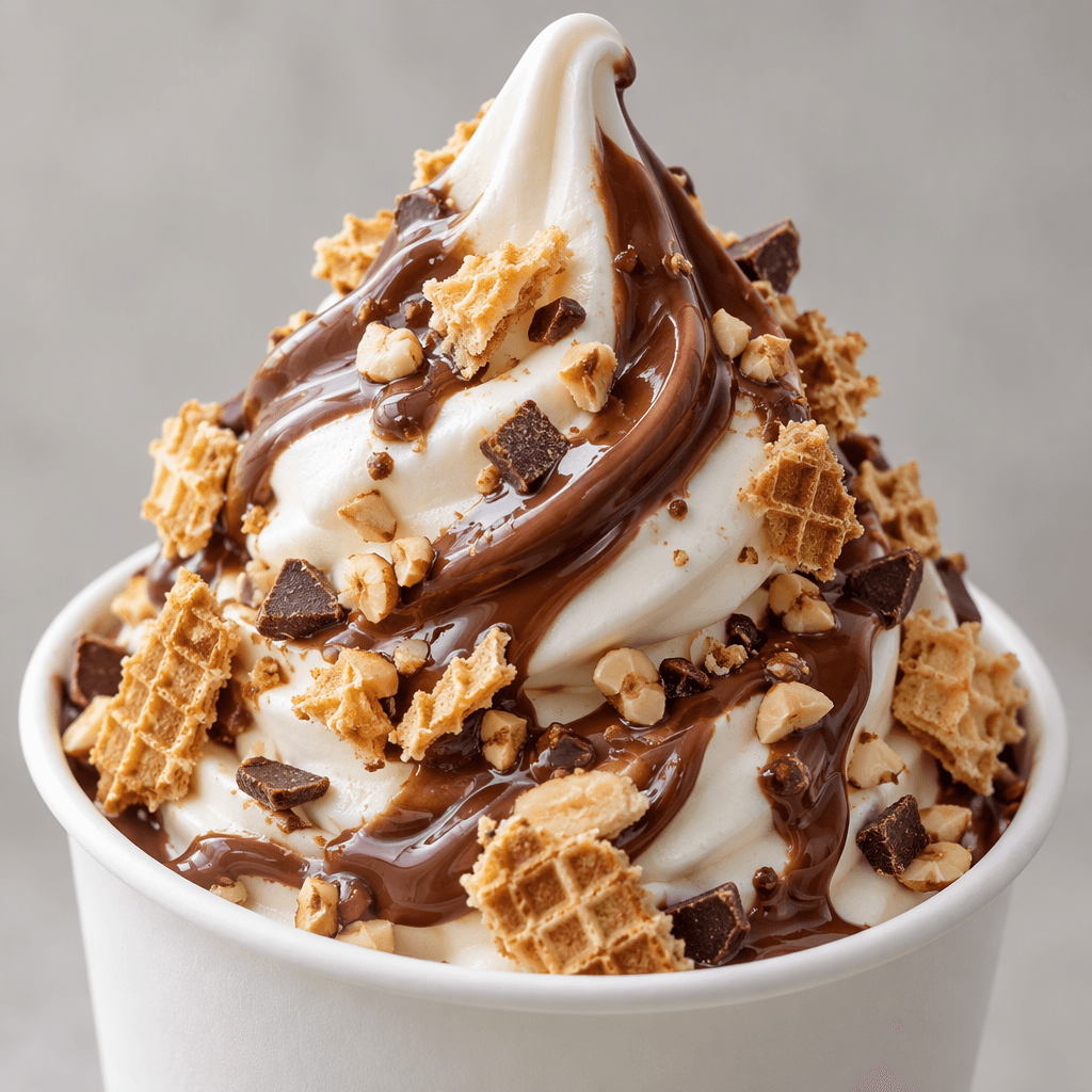 A white soft-serve dessert in a cup, swirled with glossy chocolate-hazelnut sauce and scattered with irregular golden wafer pieces and small brown chocolate bits.