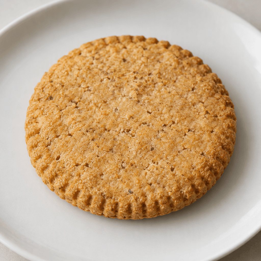 A round, flat, golden-brown biscuit with a slightly coarse, crumbly surface, fine grain flecks, and a neat ridged edge, lying on a plain plate.