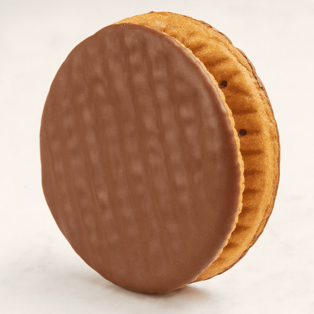 A round, lightly ridged golden-brown biscuit with a grainy surface is coated on one side in smooth milk chocolate.