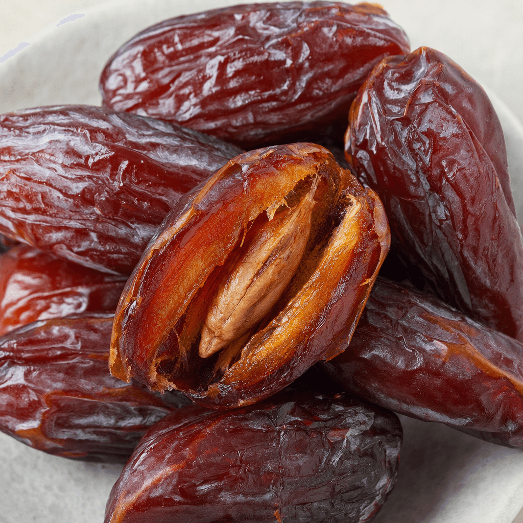 Several large, plump oval Medjool dates have glossy, deeply wrinkled skins ranging from reddish brown to dark brown, with one split open to show its sticky amber-brown flesh and long, narrow pit.