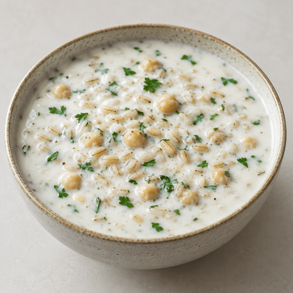 A bowl of thick white yogurt-based soup with visible pale wheat grains, beige chickpeas and small green herb flecks scattered across the surface.