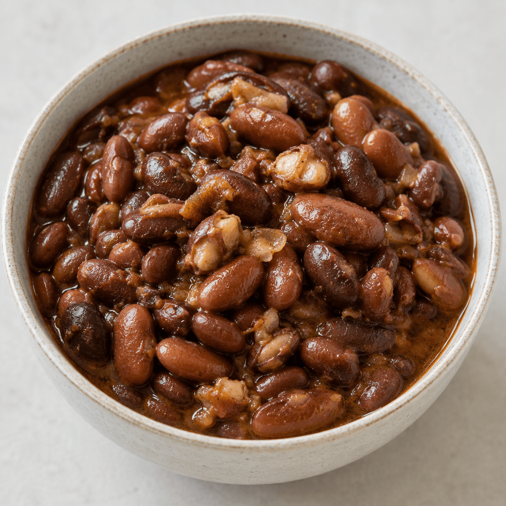 A bowl of oval cooked beans, mostly dark brown and reddish-brown, sitting in a thick, slightly glossy brown sauce with some beans partially split and their soft interiors visible.