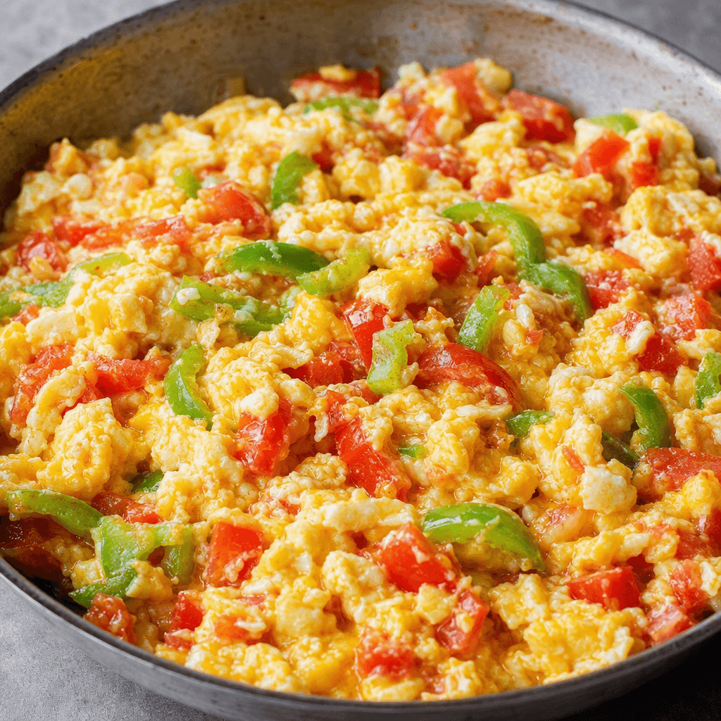 Soft, loosely set scrambled eggs are mixed with visible chunks of red tomato and thin slices of green pepper, forming a moist, chunky mixture served in a shallow pan with bright yellow, red, and green colours.