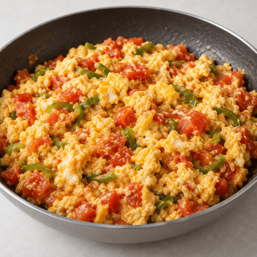 Two softly set eggs are visibly mixed with red chopped tomatoes and thin green pepper pieces, forming a moist, chunky yellow-red scramble served in a shallow pan.