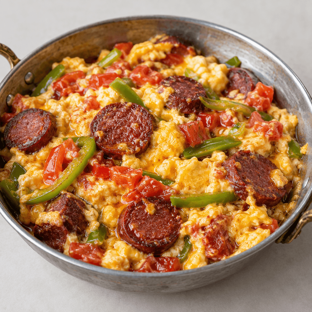 Soft, loosely set yellow eggs are mixed with visible red tomato pieces, green pepper strips and round slices of dark red, lightly browned sucuk, served in a shallow metal pan with a glossy, chunky surface.