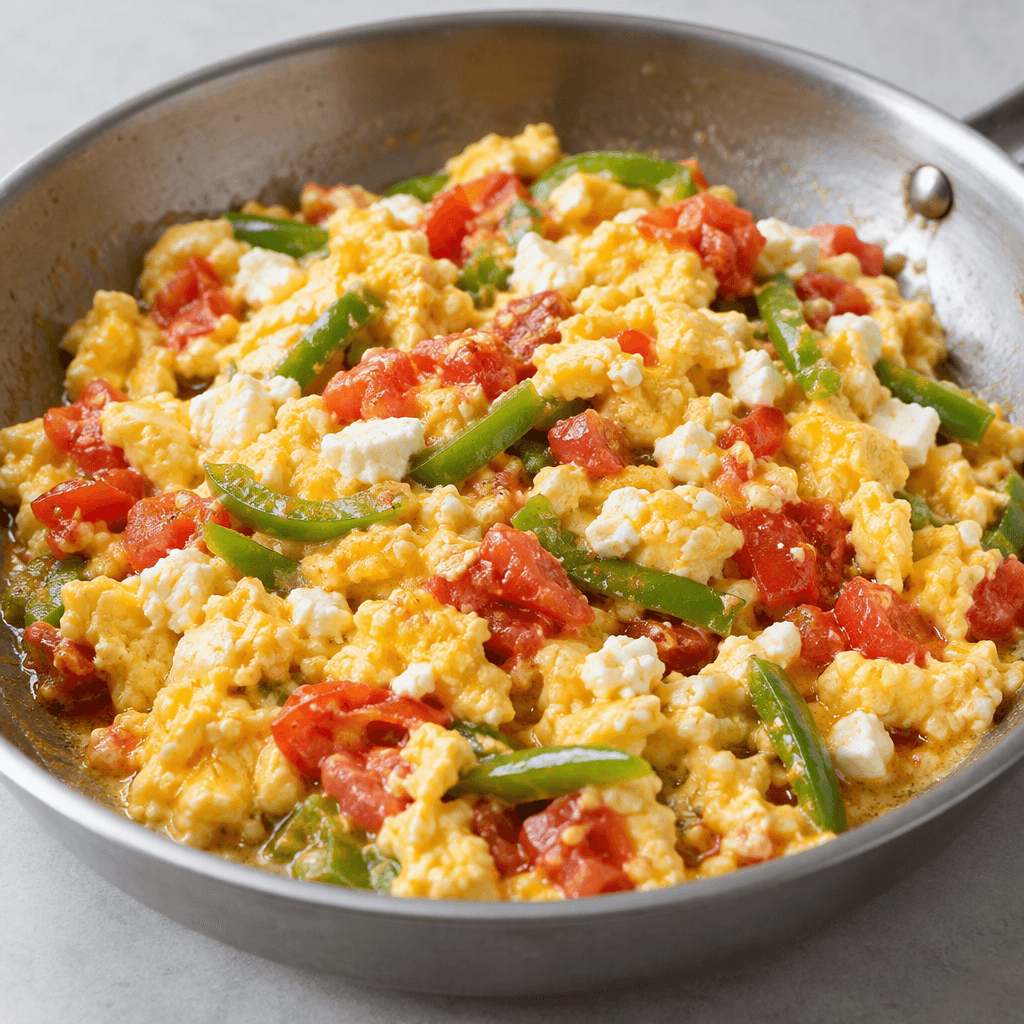 Soft, loosely set scrambled eggs are mixed with visible red tomato pieces and thin green pepper strips, glistening with melted butter in a shallow metal pan and scattered with small white cheese curds.