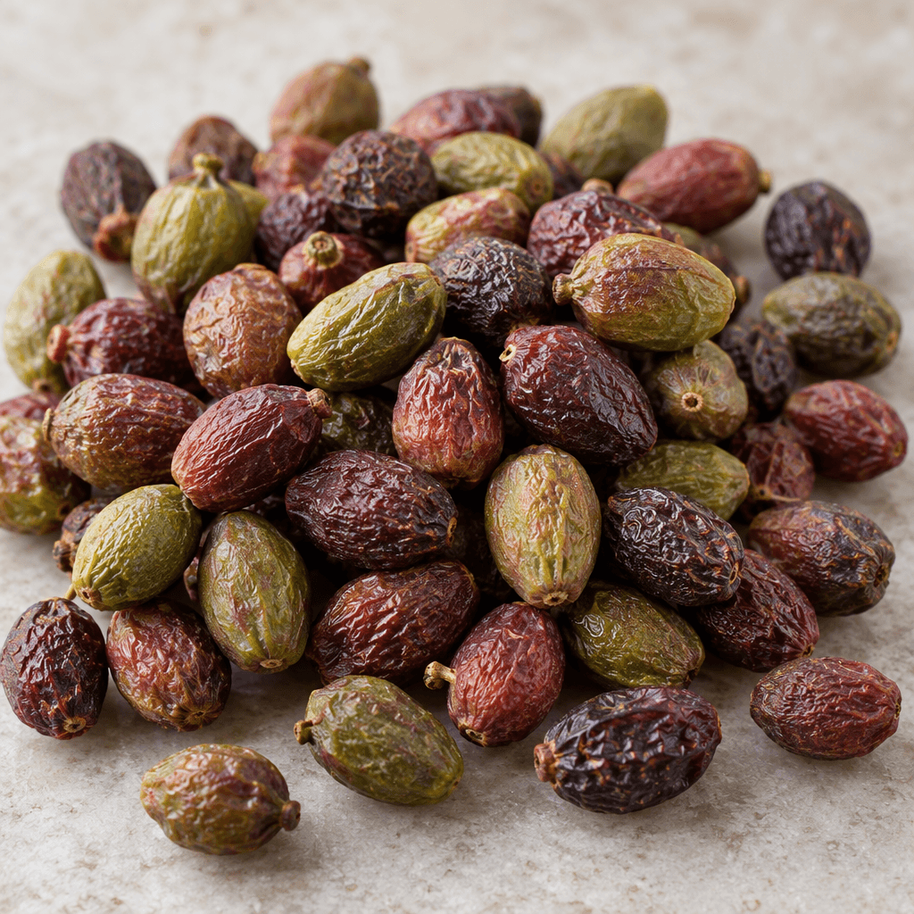 Small, oval terebinth berries with wrinkled skins in muted green, reddish-purple and brown tones are loosely scattered in a shallow pile.