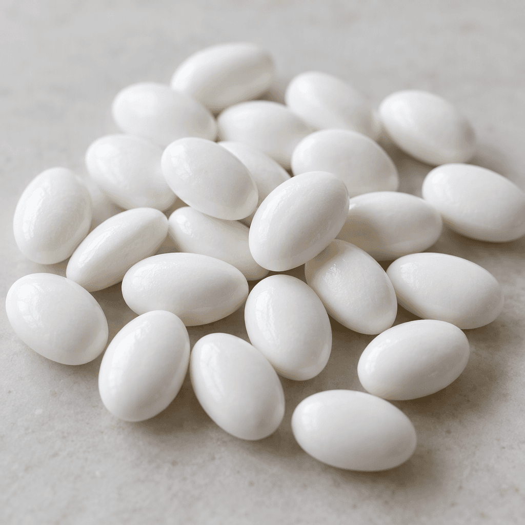 Small, smooth white oval mints with gently flattened sides are scattered on a plain surface.