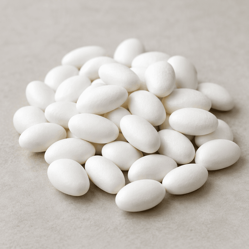Small white oval candies with gently rounded ends and a smooth, slightly matte surface are scattered in a loose pile.