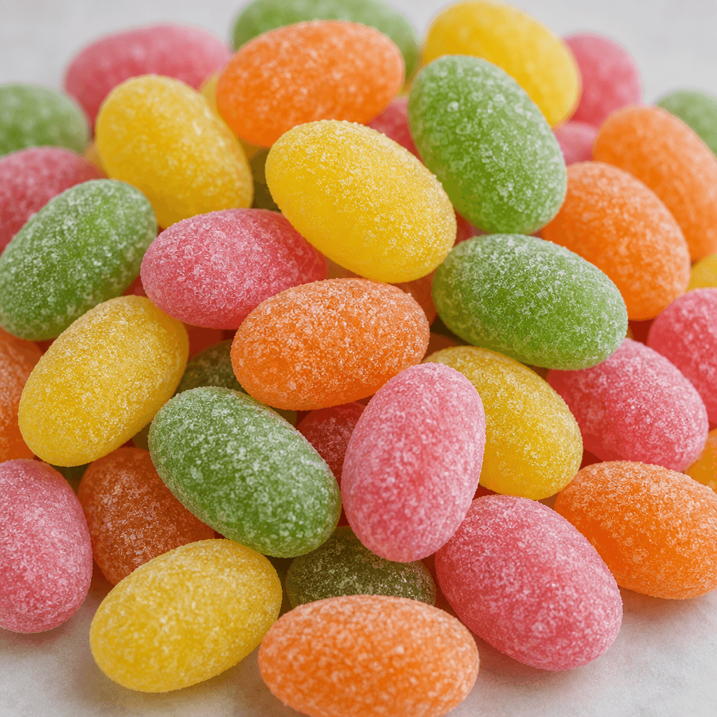 Small, smooth oval candies with softly rounded ends and a fine, matte sugar coating are scattered together in bright yellow, orange, green, and pink.