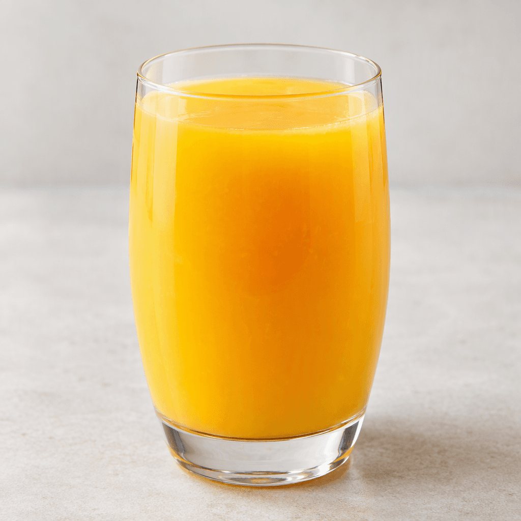 A bright yellow-orange, slightly translucent tropical drink sits in a clear glass, with a smooth surface and no visible garnish.