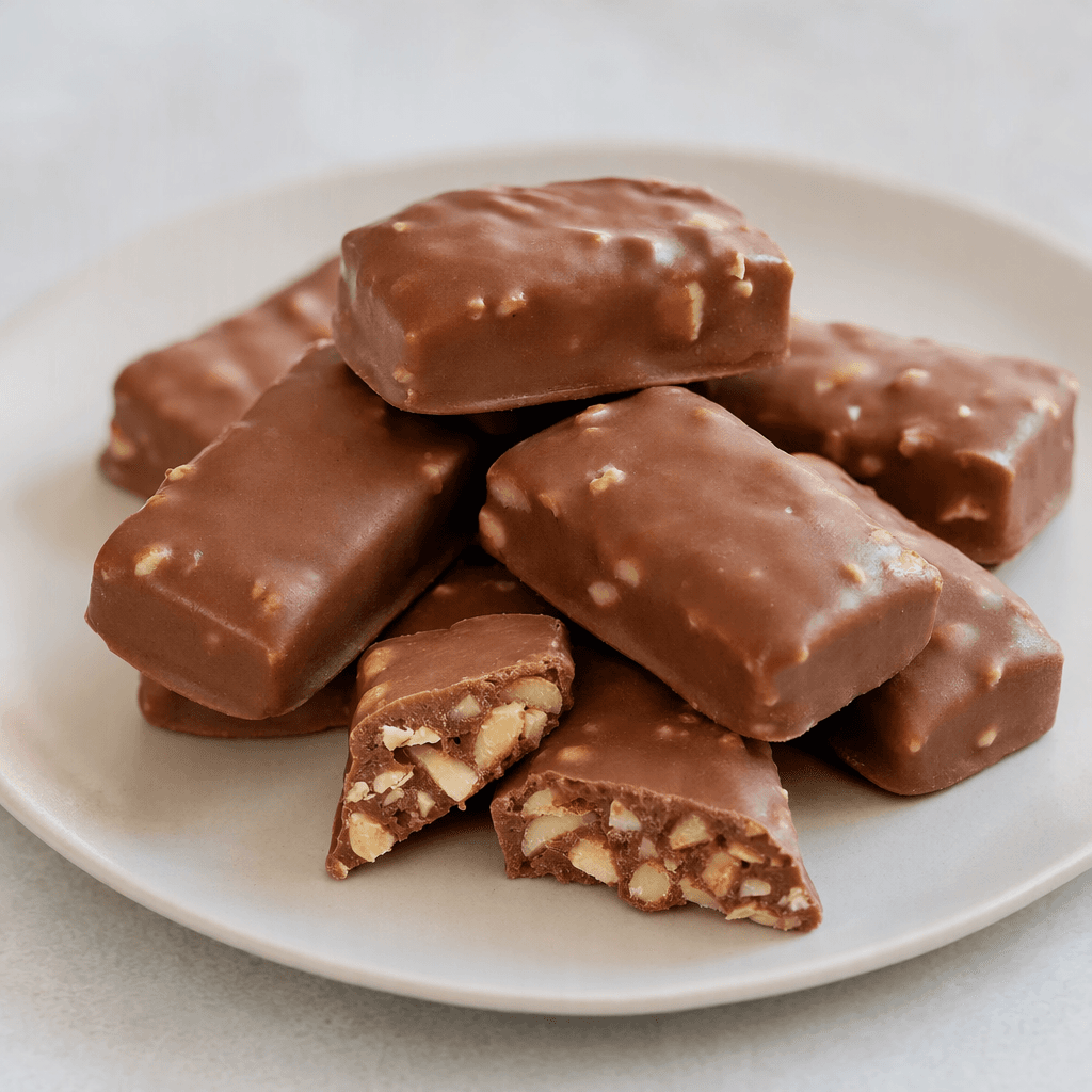 Small rectangular pieces of milk chocolate with a smooth brown surface and visible chopped almond pieces, arranged on a plate with one piece broken to show its nut-studded interior.
