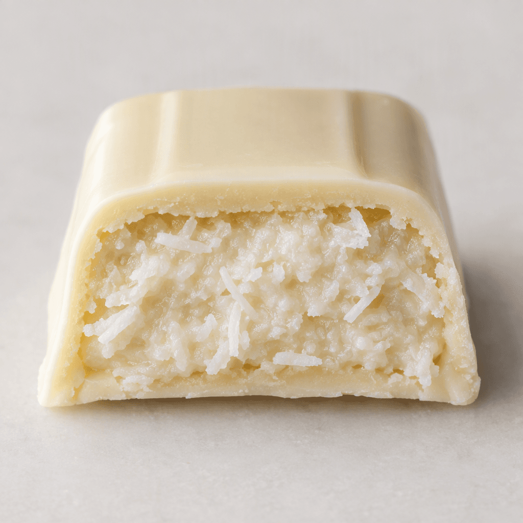 A small rectangular white chocolate piece with a smooth ivory coating and a creamy coconut filling flecked with fine white shreds, shown cut open to reveal its center.