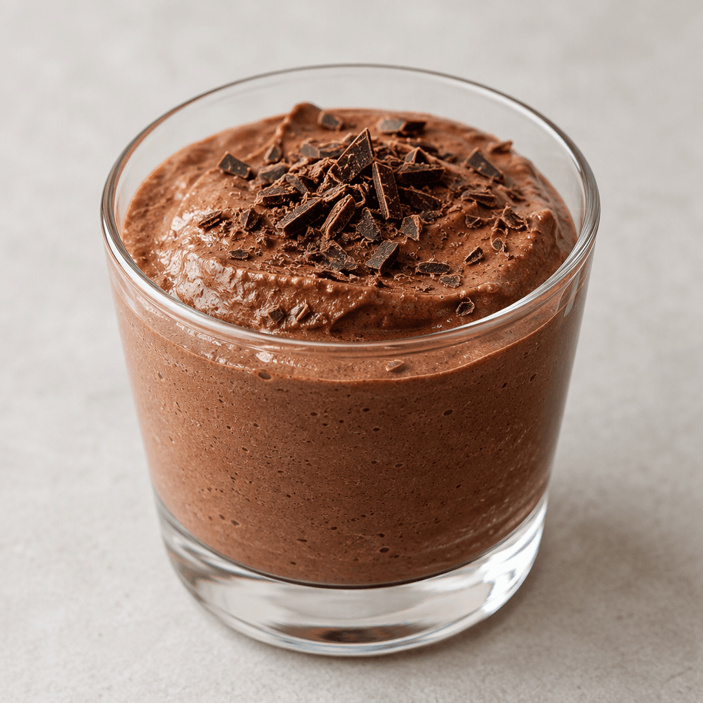 A small glass cup filled with smooth, airy dark-brown chocolate mousse, its surface gently rippled and topped with a few fine chocolate shavings.