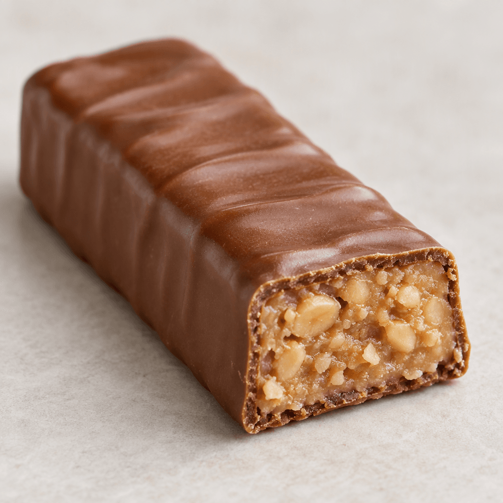 A small, elongated rectangular milk-chocolate bar with a smooth, subtly ridged surface and a pale brown nutty filling visible at its cut end.
