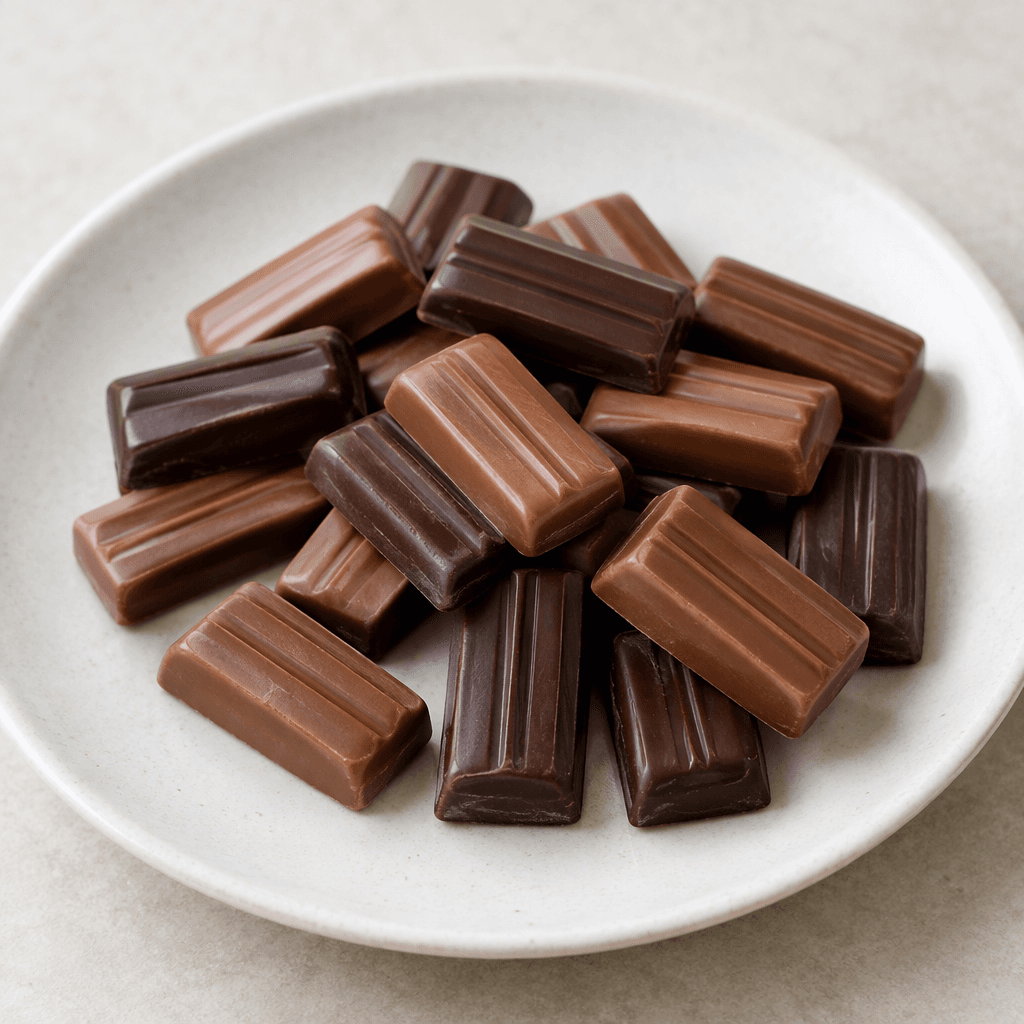 An assortment of small, slim rectangular chocolates in milk- and dark-brown shades, with smooth surfaces and subtle molded ridges, arranged together on a plate.