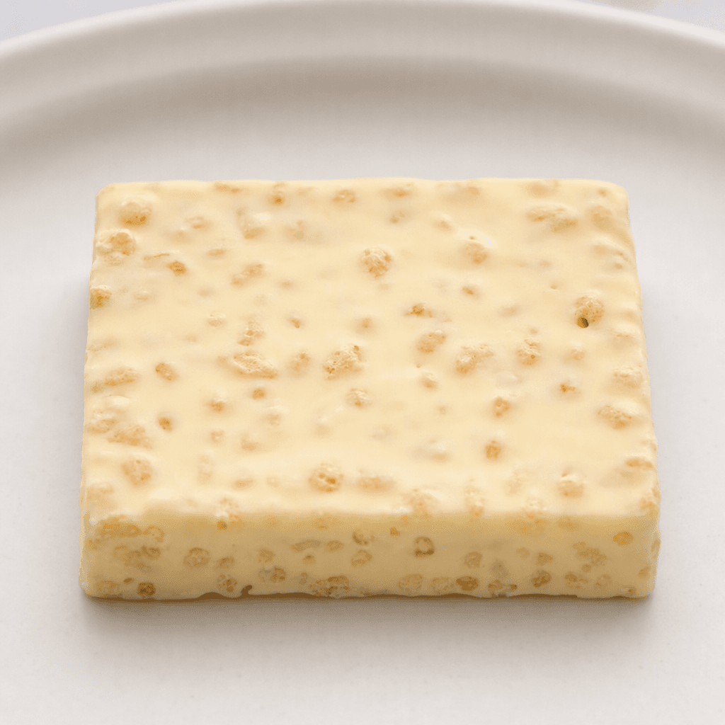A small rectangular bar of ivory-white chocolate with tiny crisp rice pieces visible throughout its smooth surface, resting on a plain plate.