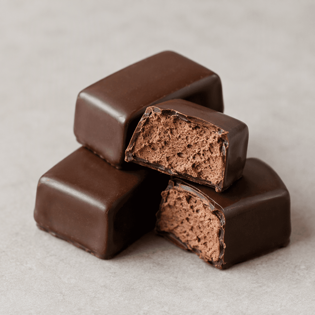 Small, neat rectangular pieces of dark chocolate have smooth, deep-brown shells, with one broken open to show a lighter, airy chocolate mousse filling.