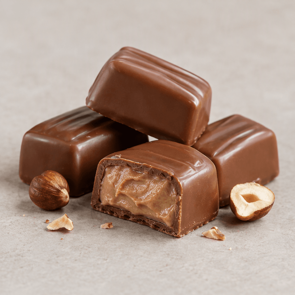 Rectangular milk-chocolate pieces with a smooth, glossy brown coating and a visible creamy light-brown hazelnut filling, arranged on a surface with one piece cut open.