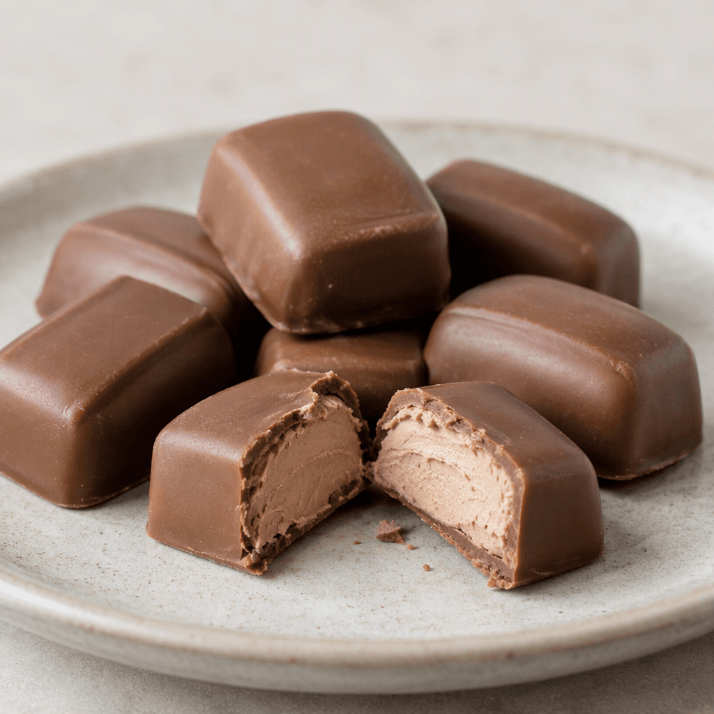 Small, smooth rectangular milk-chocolate pieces sit on a plate, with one broken open to show a light mocha-colored creamy center.