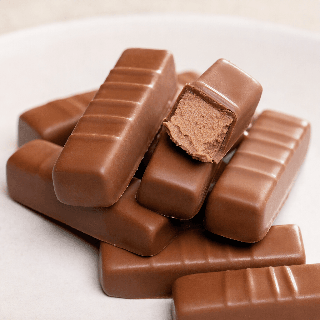Small, elongated rectangular pieces of smooth milk chocolate have shallow molded ridges, with one broken piece revealing a pale coffee-brown creamy filling.