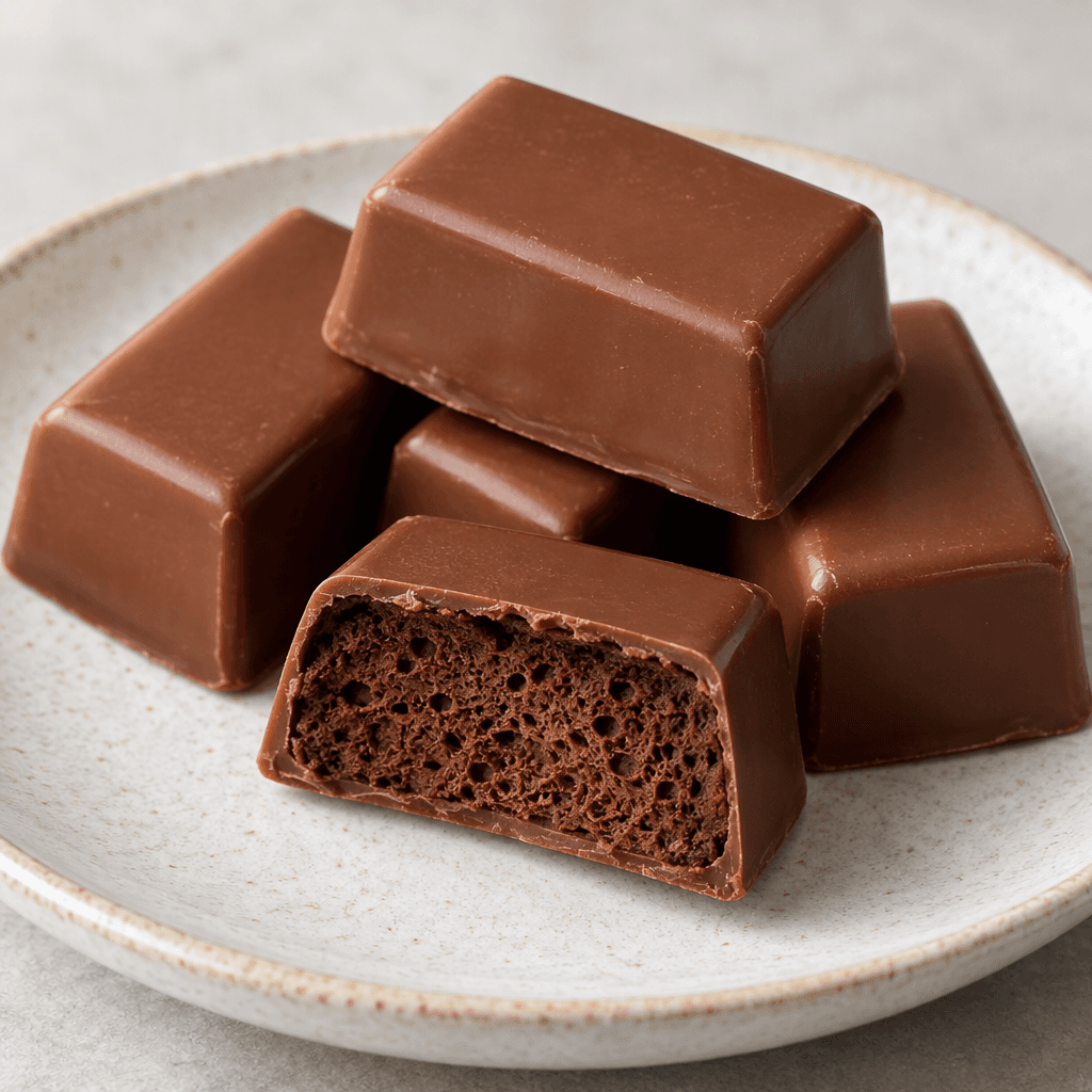 Rectangular milk-chocolate pieces with smooth brown shells, one cut open to show a dark, airy cocoa mousse center, arranged on a plate.