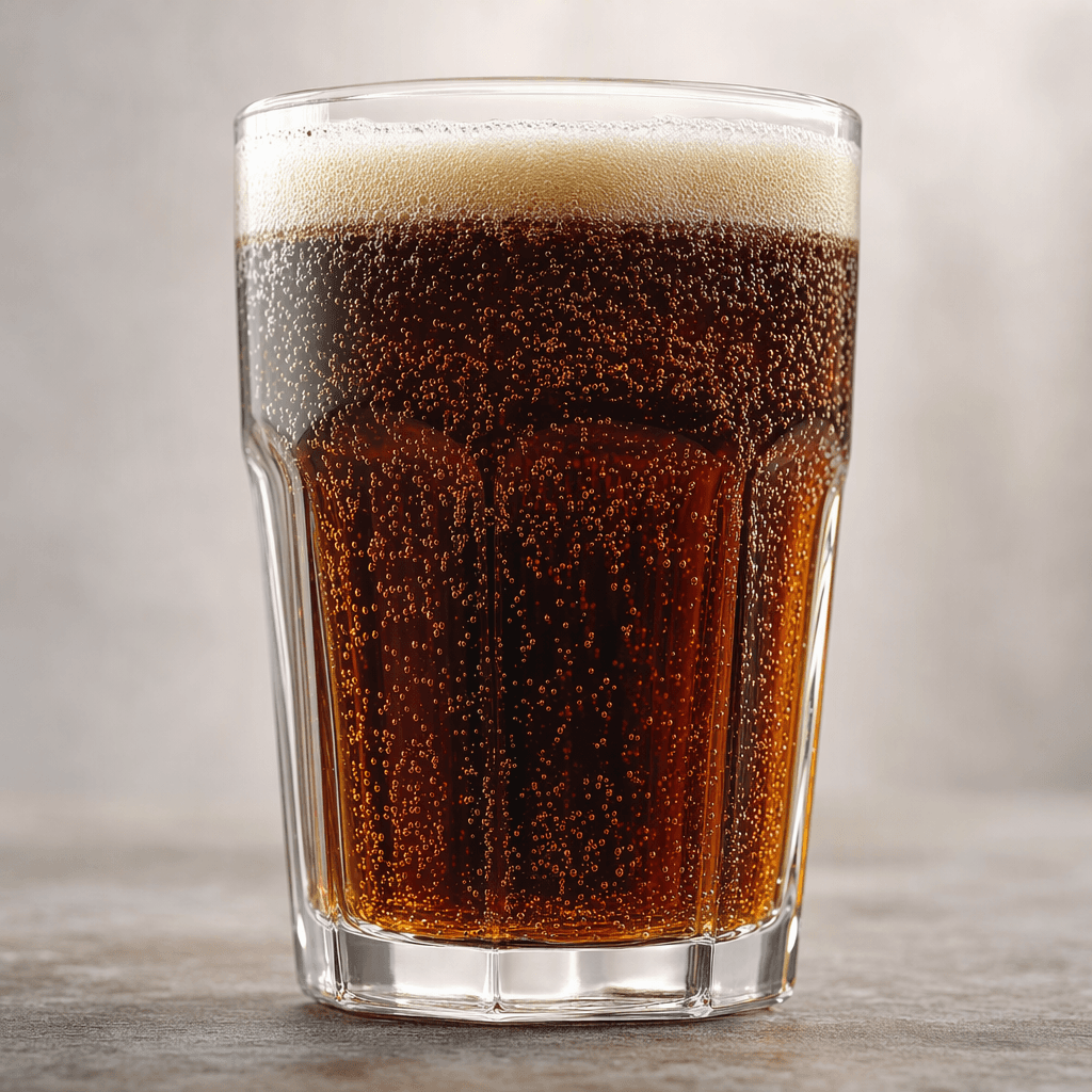 A dark caramel-brown fizzy drink sits in a clear glass, with tiny bubbles rising through it and a thin layer of pale foam on top.