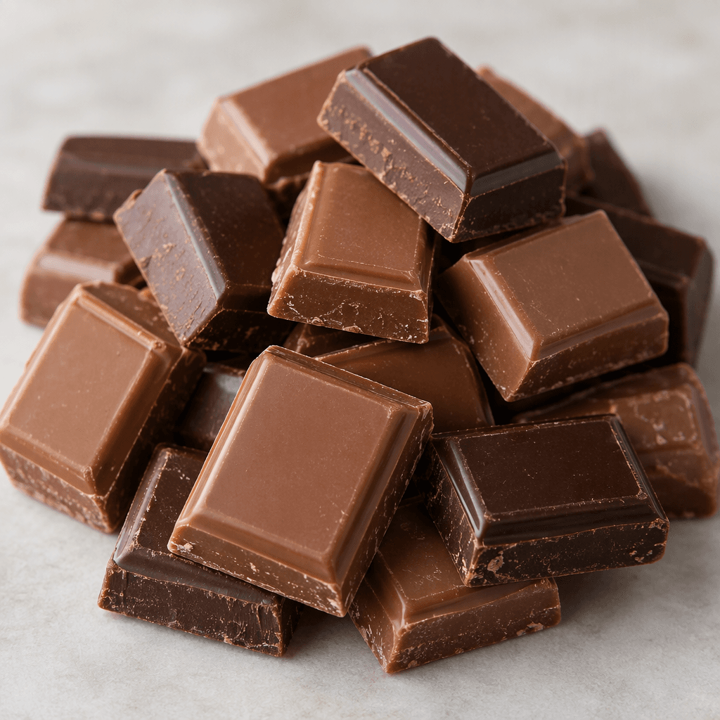 Small, bite-size rectangular pieces of smooth brown chocolate, arranged together with a few lighter and darker shades visible.
