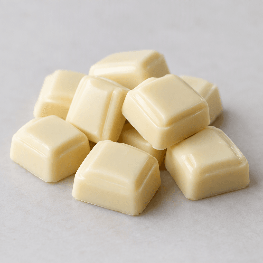 Small, smooth white-chocolate pieces with a pale ivory sheen, arranged on a plain surface.