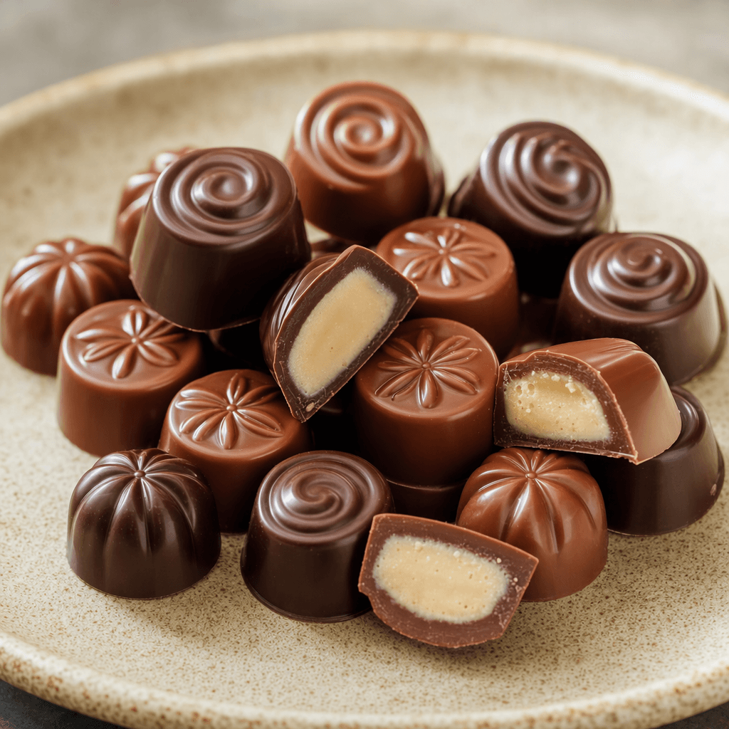 Small molded praline chocolates in dark and milk-brown shades are arranged together, with smooth glossy shells and a few pieces cut open to show pale, creamy centers.