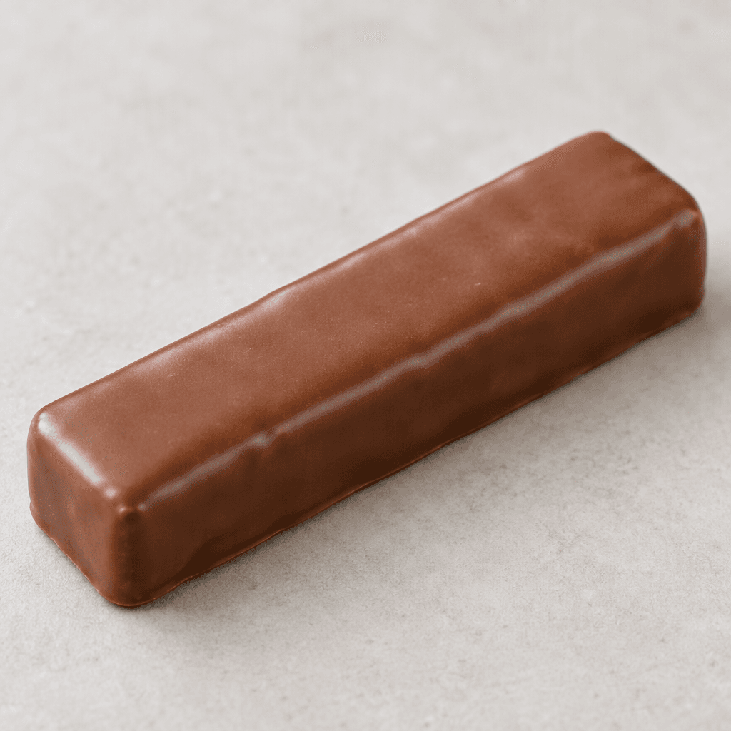 A slim, finger-length milk-chocolate bar with a smooth, medium-brown surface, straight sides and softly rounded corners, resting on a plain surface.
