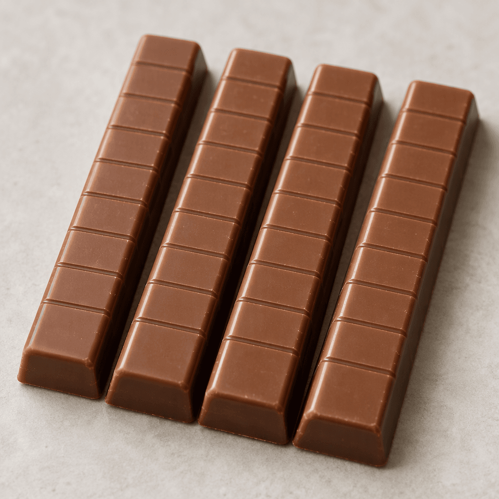 Slim, elongated milk-chocolate bars with smooth, lightly glossy brown surfaces and shallow grooves dividing them into small rectangular sections, arranged side by side.