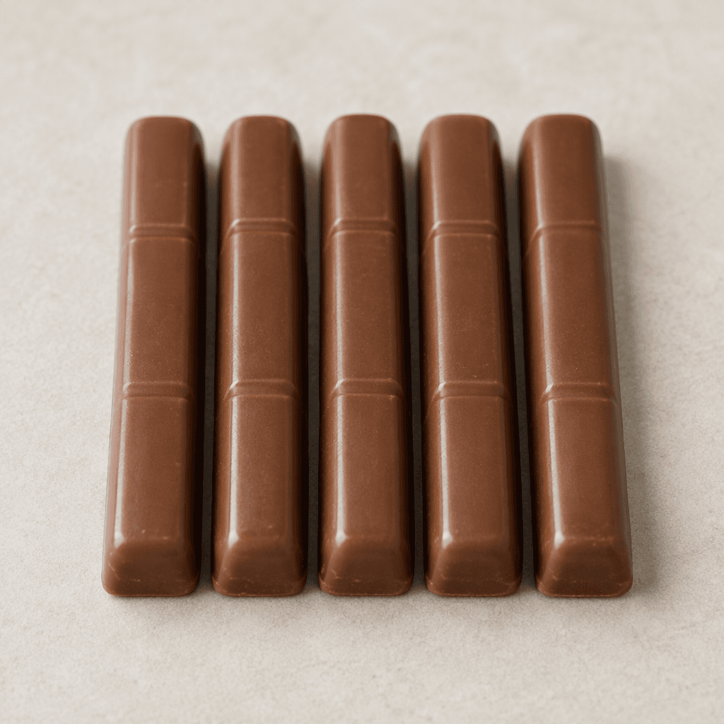 Slender, finger-length rectangular milk-chocolate sticks with smooth brown surfaces and shallow segment lines, arranged side by side.