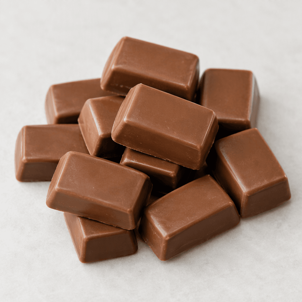 Small, individually portioned rectangular milk-chocolate pieces with smooth medium-brown surfaces, clean straight edges, and a firm, slightly glossy appearance, arranged together on a plain surface.