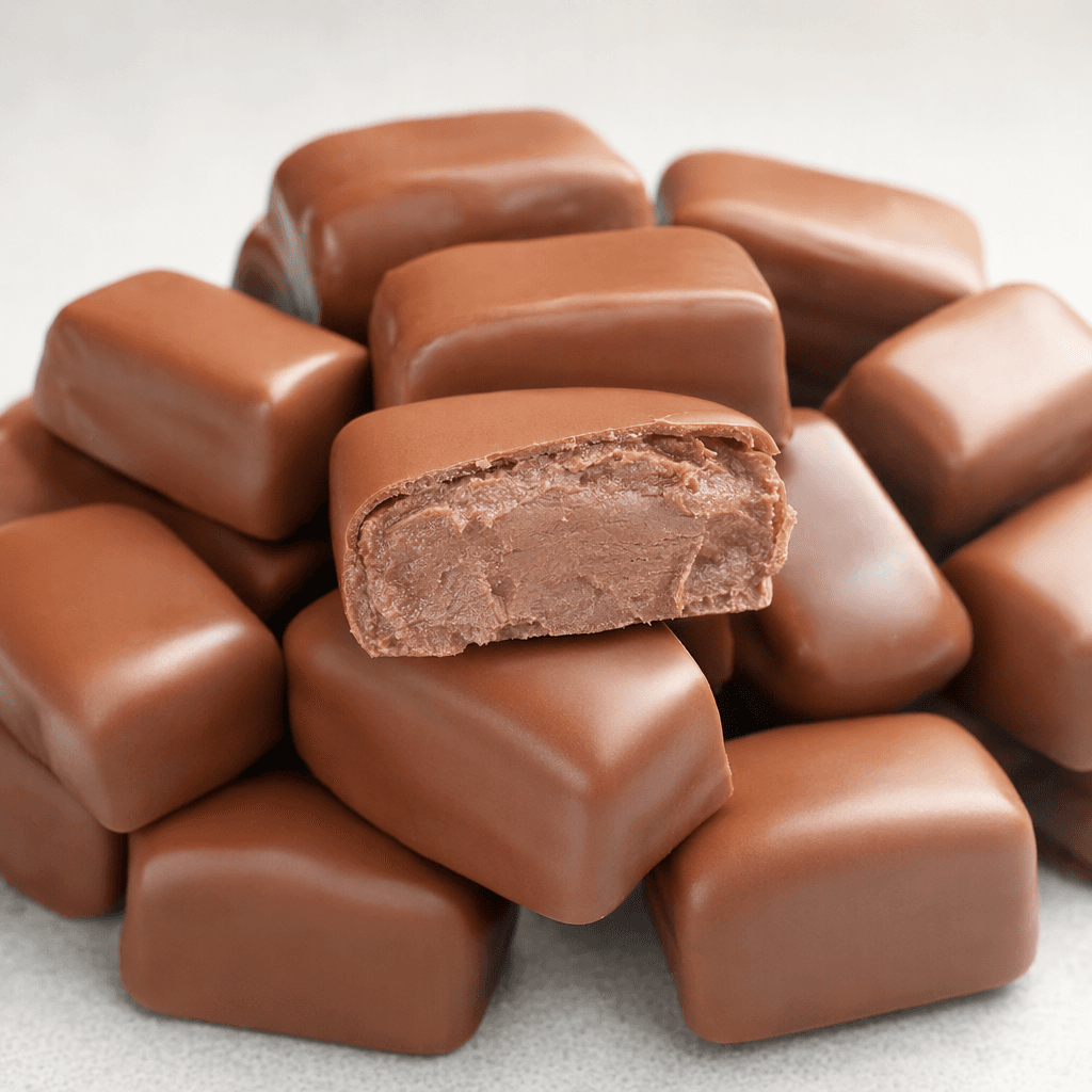 Small, smooth milk-chocolate rectangles with softly rounded edges and a faint sheen, with one piece broken open to show its lighter brown, creamy-looking praline centre.