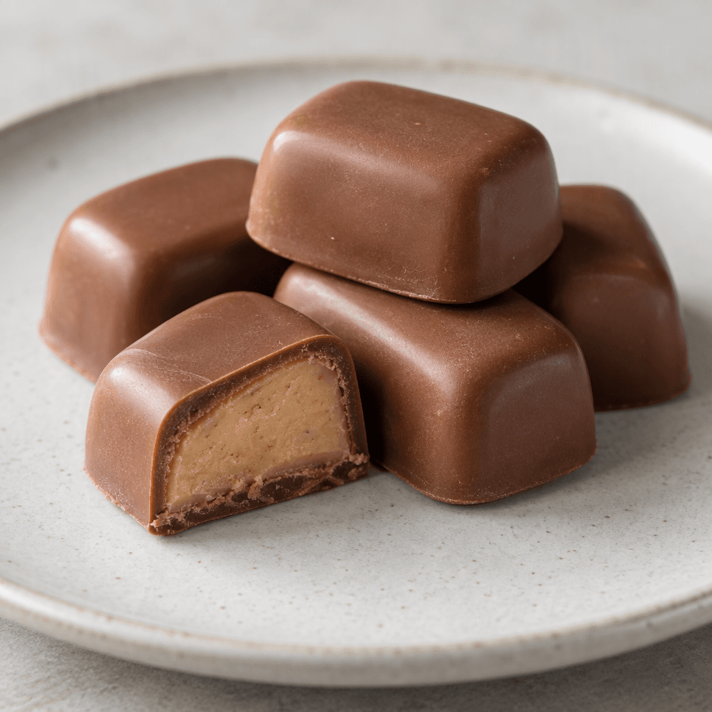 Small, smooth milk-chocolate pieces with a softly rounded rectangular shape and a pale, creamy praline filling visible where one is cut open, arranged on a plain plate.
